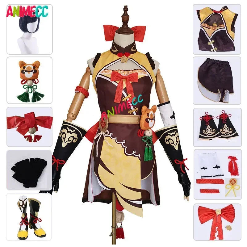 ANIMECC Xiangling Cosplay Costume Wig  Anime Game GenshinImpact Xiang Ling Outfit Halloween Party Costume for Women Girl