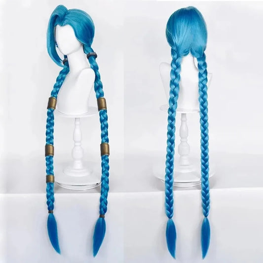 LOL Jinx Cosplay Wig Long Braided Blue The Loose Cannon Wig with Blue Braid Heat Resistant Synthetic Hair Wigs + Wig Cap