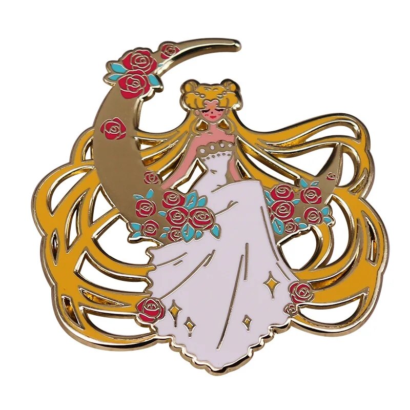 Alfileres esmaltados de Sailor Moon para mujer, broche de dibujos animados de Metal con forma de Luna mágica, insignias para solapa y cuello, regalos de joyería