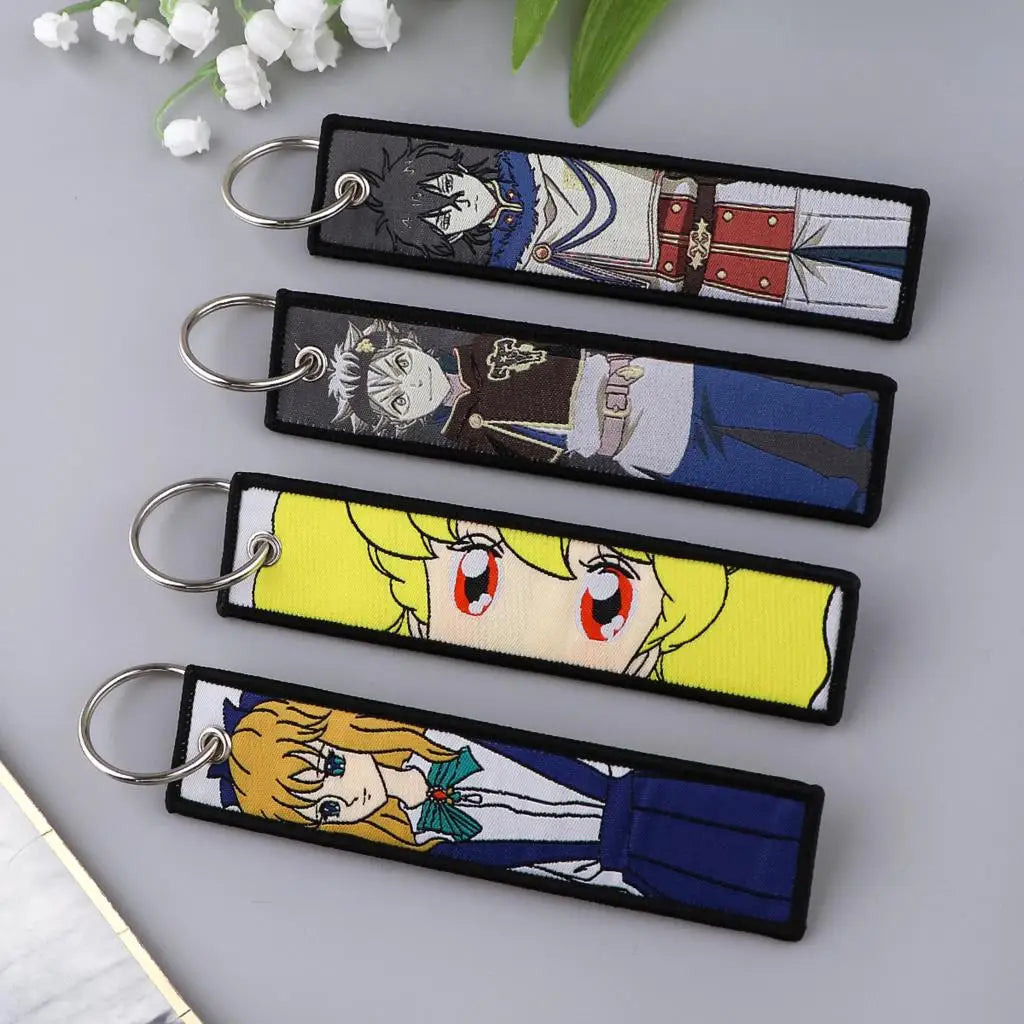 Black Clover Embroidered Manga Keys Tag Keychains for Women Keyring Japanese Anime Car Keys Fashion Jewelry Accessories Gifts