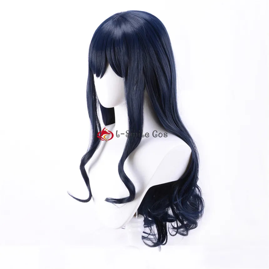 Final Fantasy XIV 14 Cosplay FF14 FFXIV Gaia Wig 80cm Long Navy Blue Curly Bangs Heat Resistant Synthetic Hair + Wig Cap