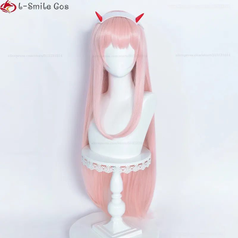 New 100cm Long Zero Two Cosplay Wig Anime DARLING in the FRANXX 02 Cosplay Wigs Pink Heat Resistant Hair Wigs Headwear + Wig Cap