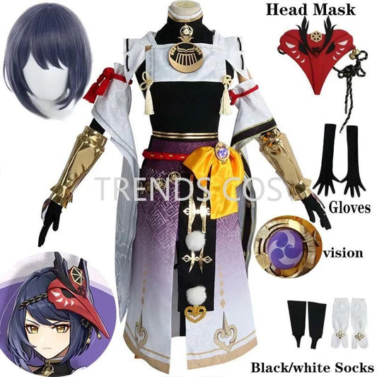 Juego de alta calidad Genshin Impact Kujo Sara disfraz de Cosplay Kujou Sara conjunto completo con máscara vestido calcetines peluca Sara trajes juego de rol