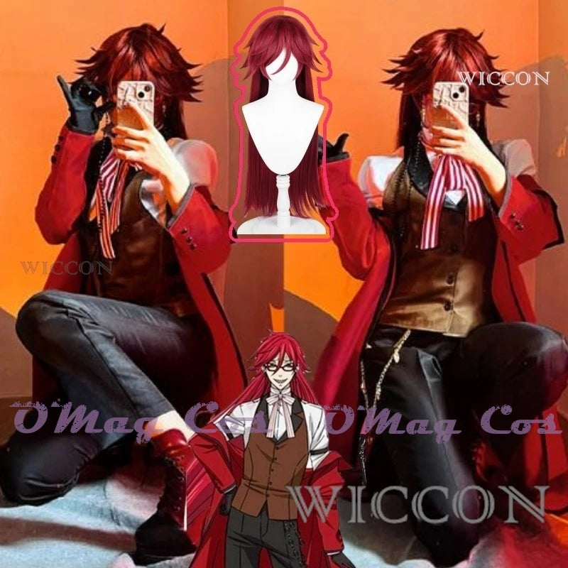 Black Butler Grell Sutcliff Michaelis Cosplay Costume Wig Uniforms Anime Cosplay Halloween Party Unisex Fancy Red Suit Glasses