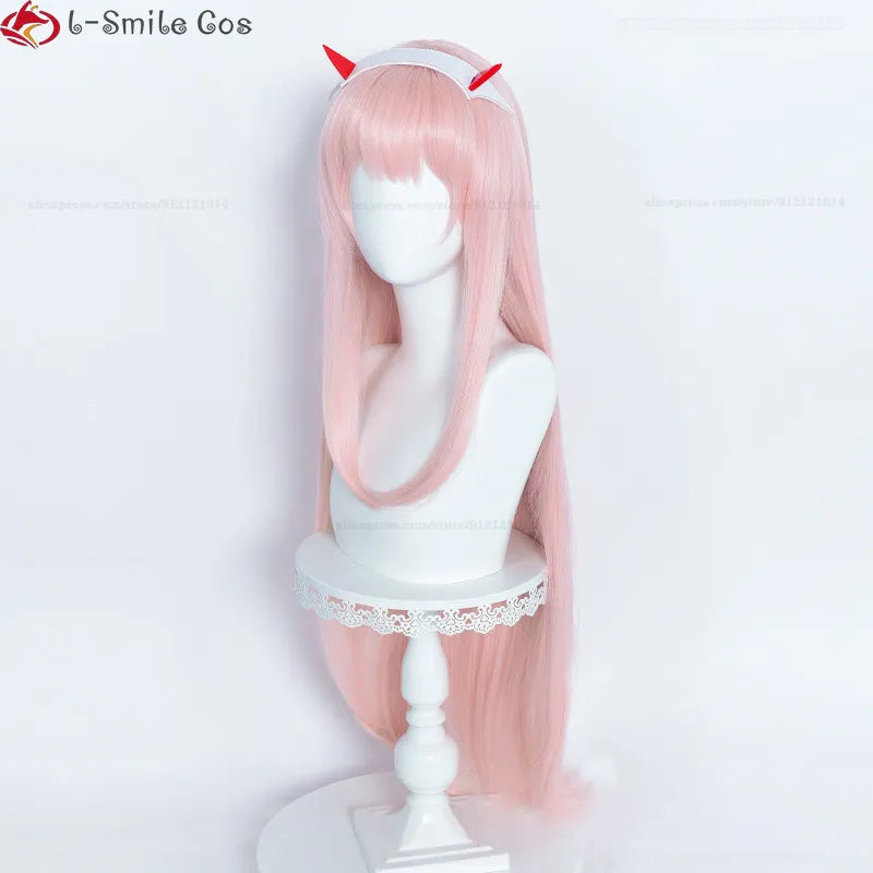 New 100cm Long Zero Two Cosplay Wig Anime DARLING in the FRANXX 02 Cosplay Wigs Pink Heat Resistant Hair Wigs Headwear + Wig Cap