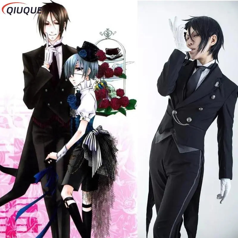 Black Butler Cosplay Japanese Anime Kuroshitsuji Sebastian Michaelis Cosplay Costume Unisex Uniforms 8 piece with Tattoo Sticker