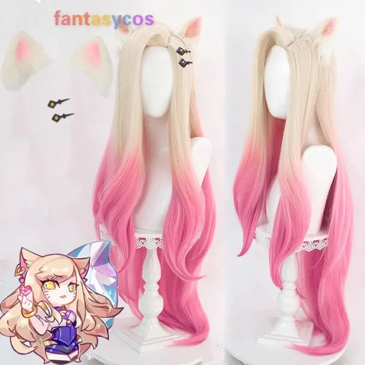 LoL KDA Baddest Ahri Cosplay Wig 100cm Long Blonde Pink Wavy with Ear Hairpin Synthetic Hair Role Play Halloween Party + Wig Cap