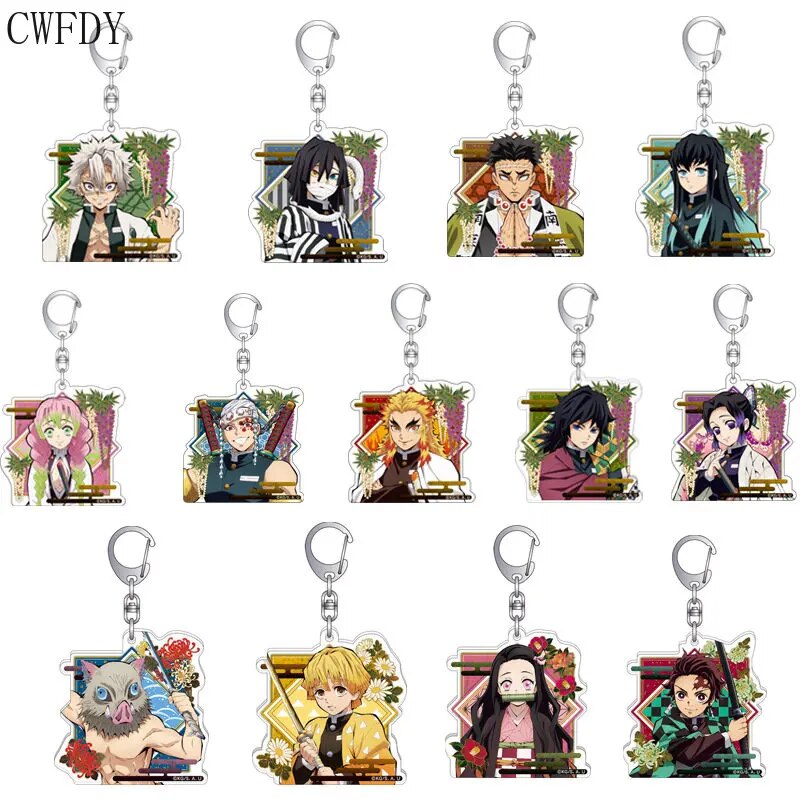 5-18pcs/lot Wholesale Anime Demon Slayer Keychain Acrylic Cartoon Double-Sided Pendant Figure Key Holder Women Men Birthday Gift