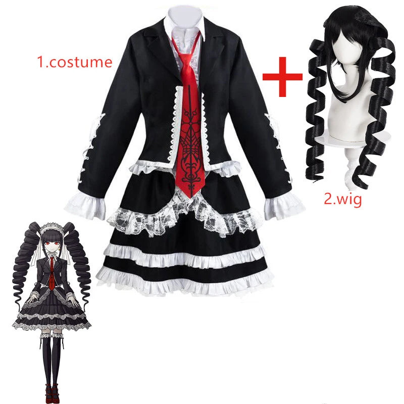 Danganronpa Celestia Ludenberg Cosplay Costume Yasuhiro Taeko Cosplay Wig Metal Bone Ring Clothing Including Shirt Tie Socks