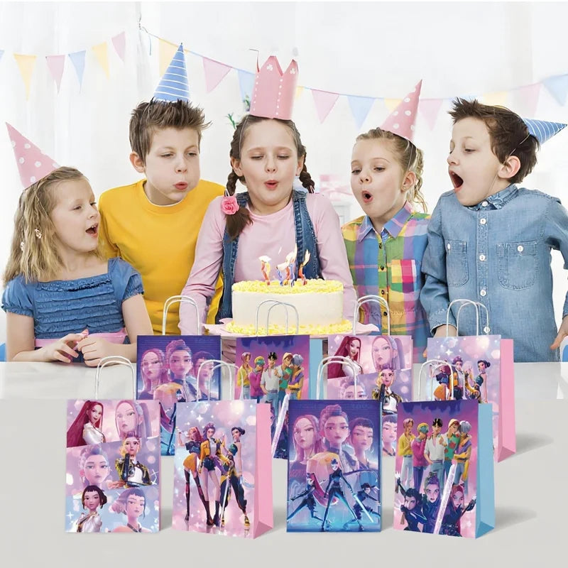 12pcs Kpop Demon Hunters Birthday Party Gift Bag Candy Loot Handle Treat Bag Kid Biscuit Package Baby Shower Decoration Supplies