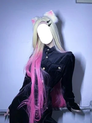 LoL KDA Baddest Ahri Cosplay Wig 100cm Long Blonde Pink Wavy with Ear Hairpin Synthetic Hair Role Play Halloween Party + Wig Cap