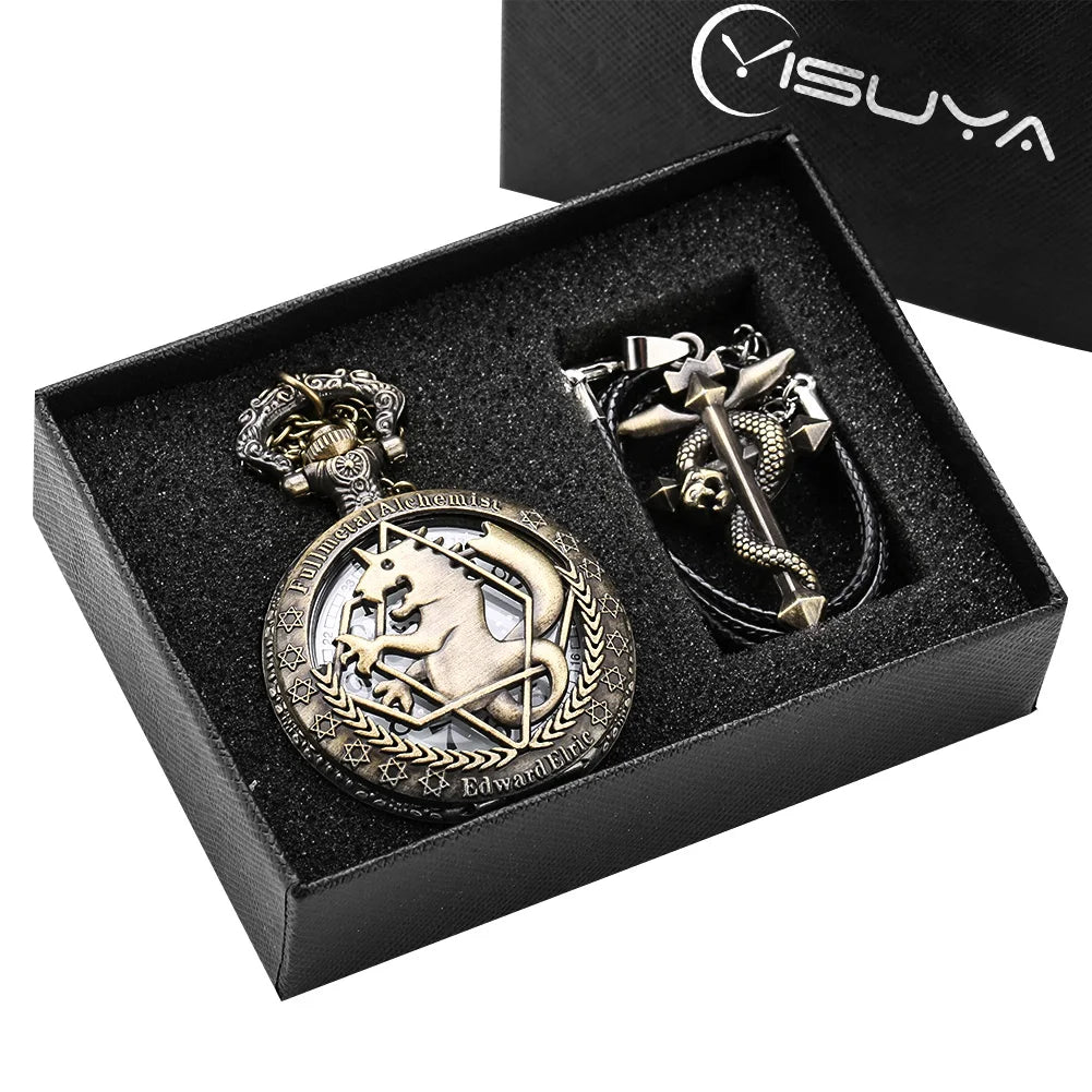 Fullmetal Alchemist Silver/Bronze Pocket Watch Pendant Men's Quartz Pocket Watch Japan Anime Necklace Clock High Grade Gifts Set