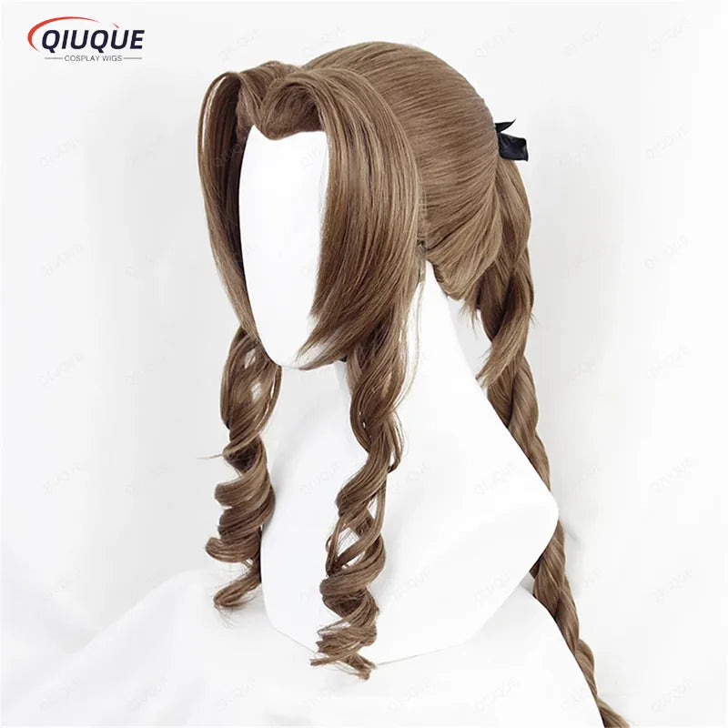 Final Fantasy VII Cosplay FF7 Aerith Gainsborough Wigs Cosplay Heat Resistant Synthetic Hair Brown Cosplay Wig + Free Wig Cap