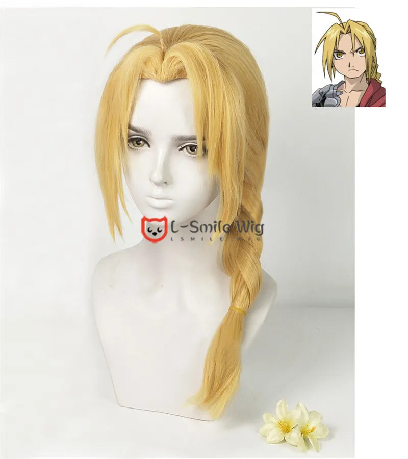 Edward Elric 50cm Long Blonde Braided Cosplay Wig Anime Fullmetal Alchemist Heat Resistant Cosplay Hair Wigs + Wig Cap