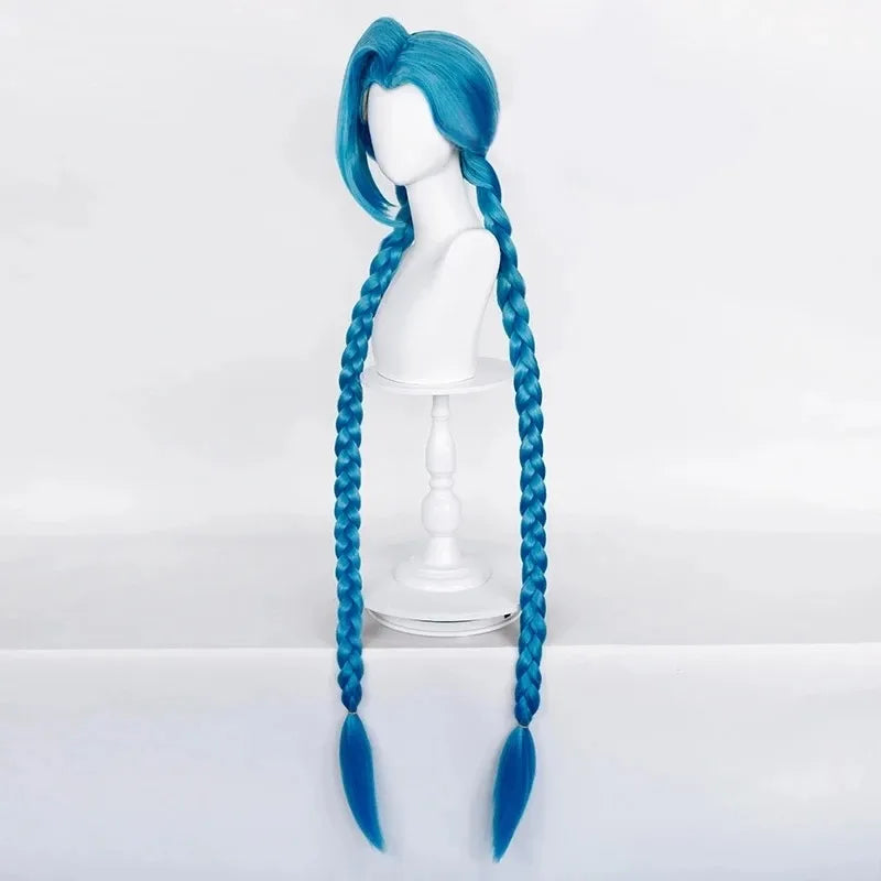 LOL Jinx Cosplay Wig Long Braided Blue The Loose Cannon Wig with Blue Braid Heat Resistant Synthetic Hair Wigs + Wig Cap