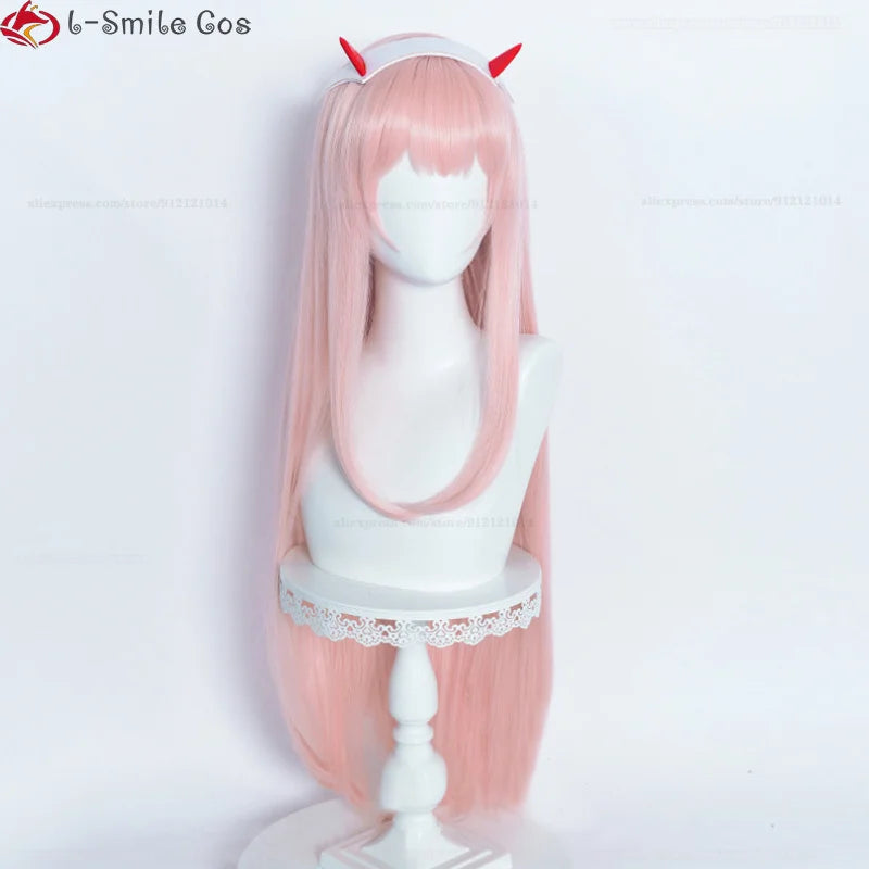 New 100cm Long Zero Two Cosplay Wig Anime DARLING in the FRANXX 02 Cosplay Wigs Pink Heat Resistant Hair Wigs Headwear + Wig Cap