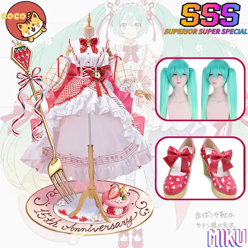 CoCos-SSS Disfraz de Miku del 15º aniversario de VOCALOID, disfraz de VOCALOID Miku x Strawberry Cos Miku, vestido y peluca de fresa Lolita