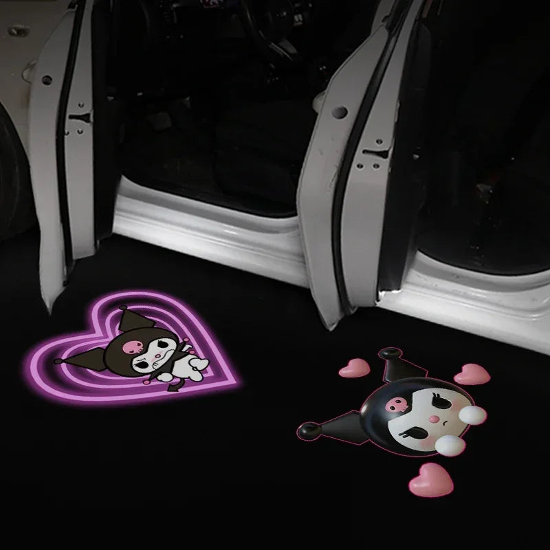 Lámpara de bienvenida para puerta de coche Kuromi Cinnamoroll My Melody, luz ambiental HD, proyección de apertura de puerta, decoración bonita para coche