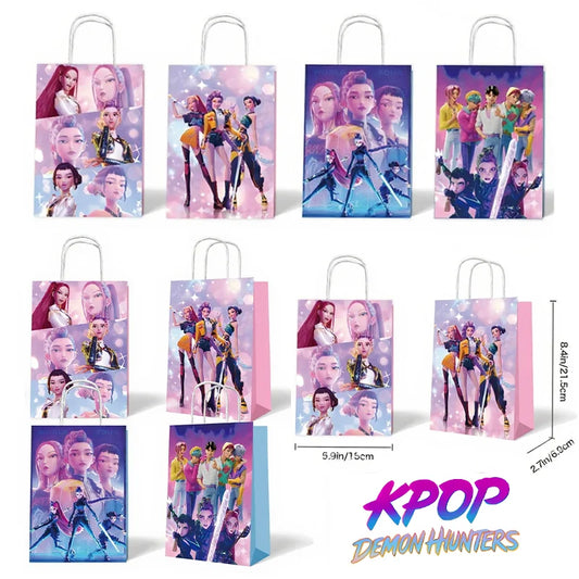 12pcs Kpop Demon Hunters Birthday Party Gift Bag Candy Loot Handle Treat Bag Kid Biscuit Package Baby Shower Decoration Supplies
