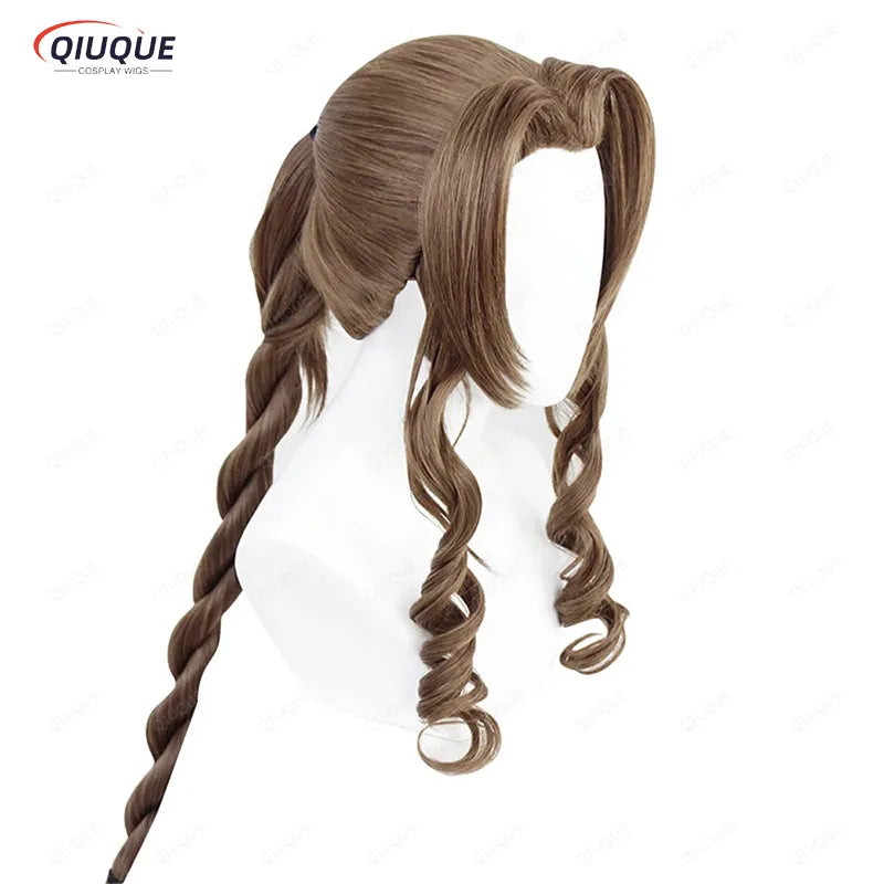 Final Fantasy VII Cosplay FF7 Aerith Gainsborough Wigs Cosplay Heat Resistant Synthetic Hair Brown Cosplay Wig + Free Wig Cap