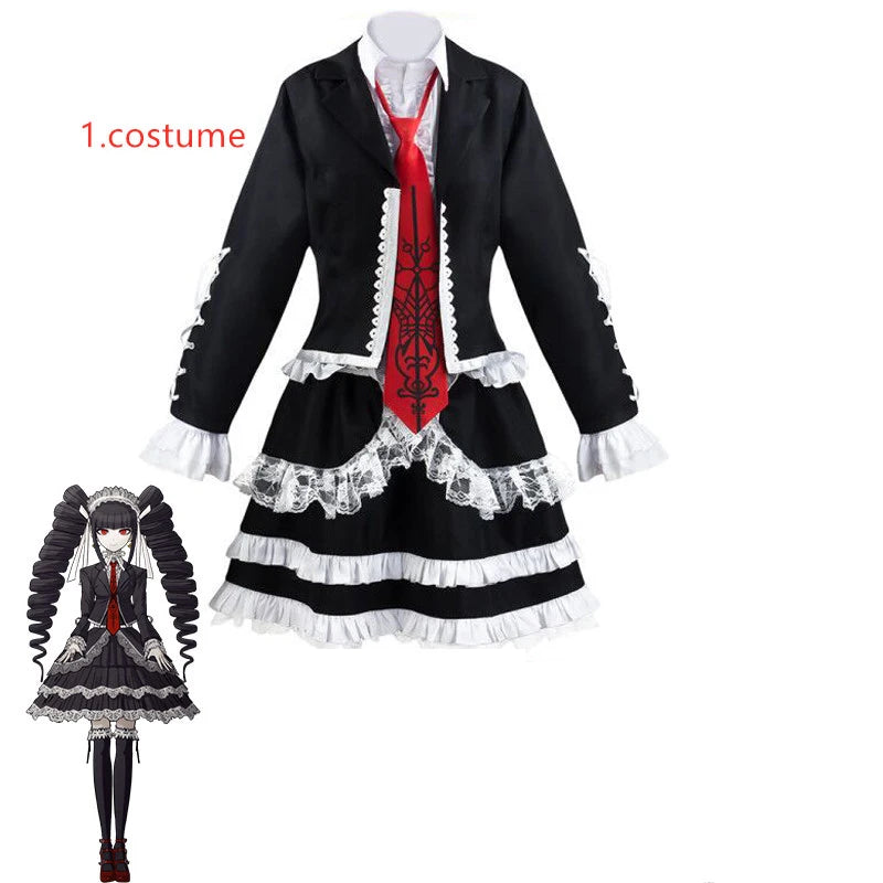 Danganronpa Celestia Ludenberg Cosplay Costume Yasuhiro Taeko Cosplay Wig Metal Bone Ring Clothing Including Shirt Tie Socks