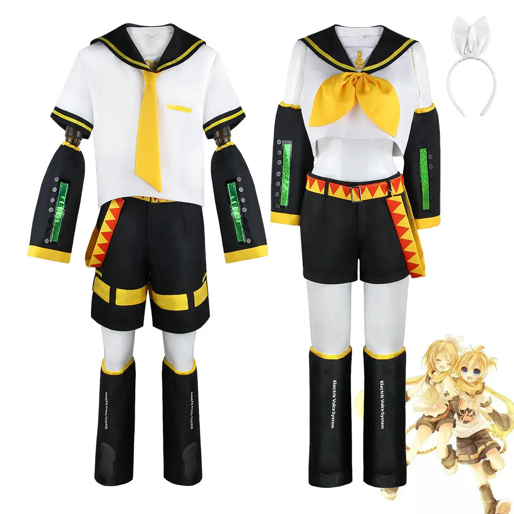 Anime japonés Rin Len uniforme de Halloween Kagamine Len + Rin Cosplay disfraces completos conjuntos Tops + Pantalones cortos mujeres hombres