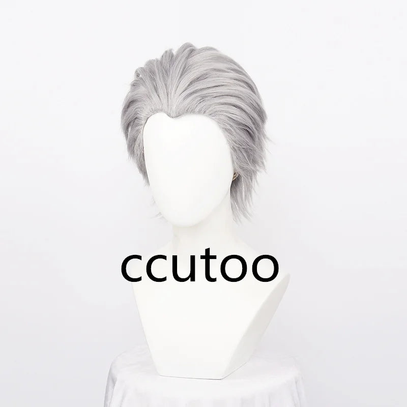 Men's Synthetic Vergil Cosplay Wig Short Silver Grey Slicked-back Hair Heat Resistant Hair Wig + Wig Cap