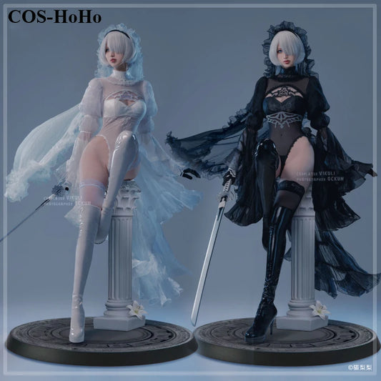 COS-HoHo Anime Game NieR Automata 2B Black White Flower Wedding Dress Uniform Cosplay Costume Halloween Party Outfit Women