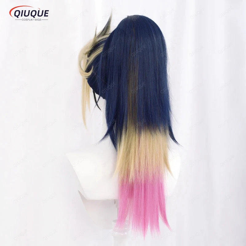 High Quality KDA Akali Mixed Color Ponytail Wig LOL Akali Heat Resistant Synthetic Hair Halloween Party Wigs + Free Wig Cap