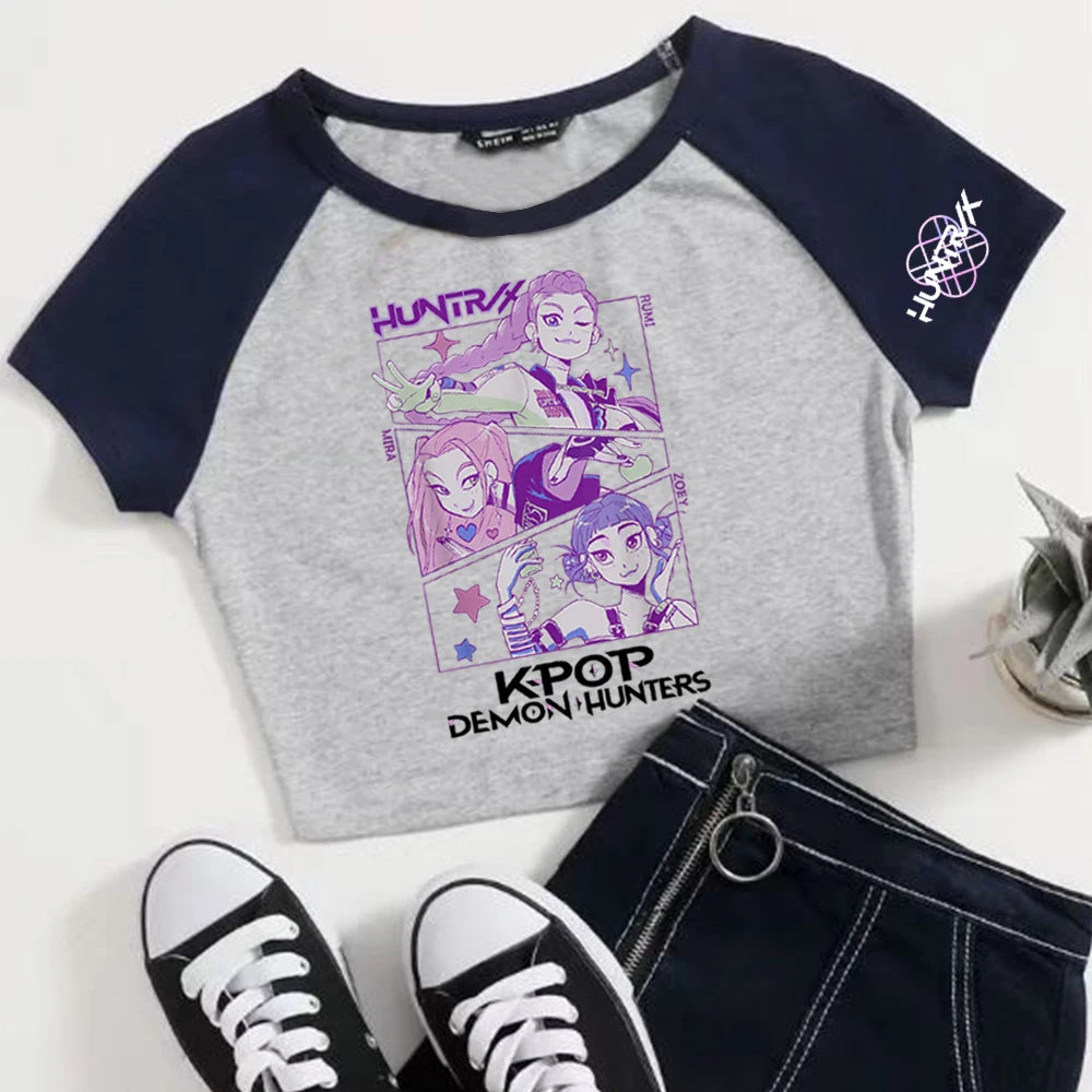 Anime K-Pop Demon Hunters Crop Tops T-Shirt Girls Fashion Women O-Neck Short Sleeve Fans Gift T-shirt