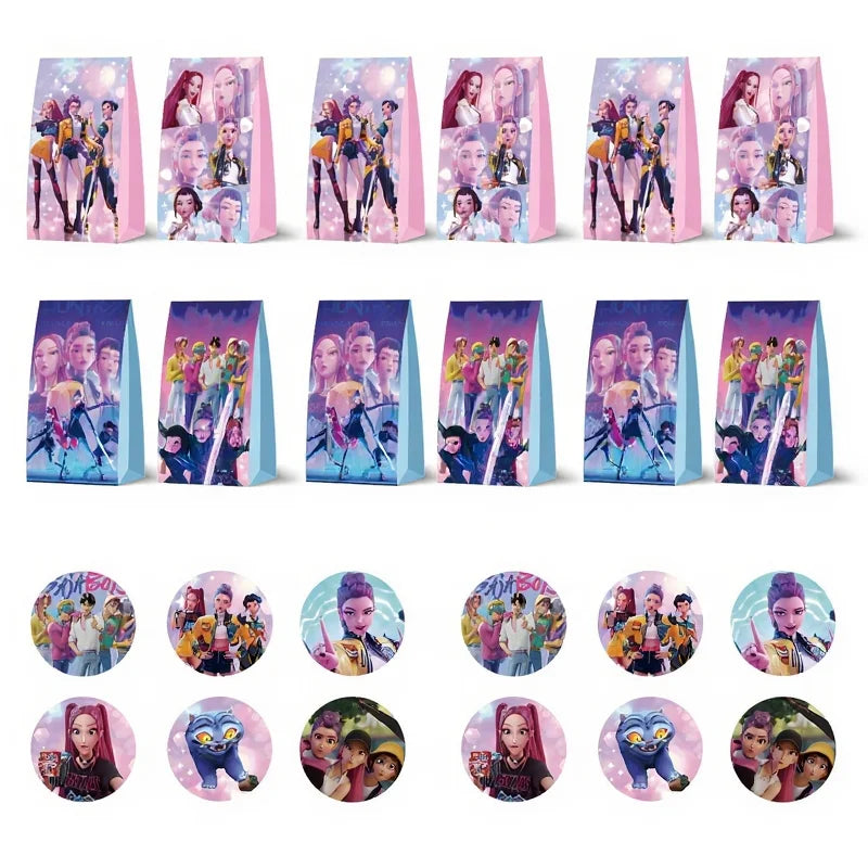 12pcs Kpop Demon Hunters Birthday Party Gift Bag Candy Loot Handle Treat Bag Kid Biscuit Package Baby Shower Decoration Supplies