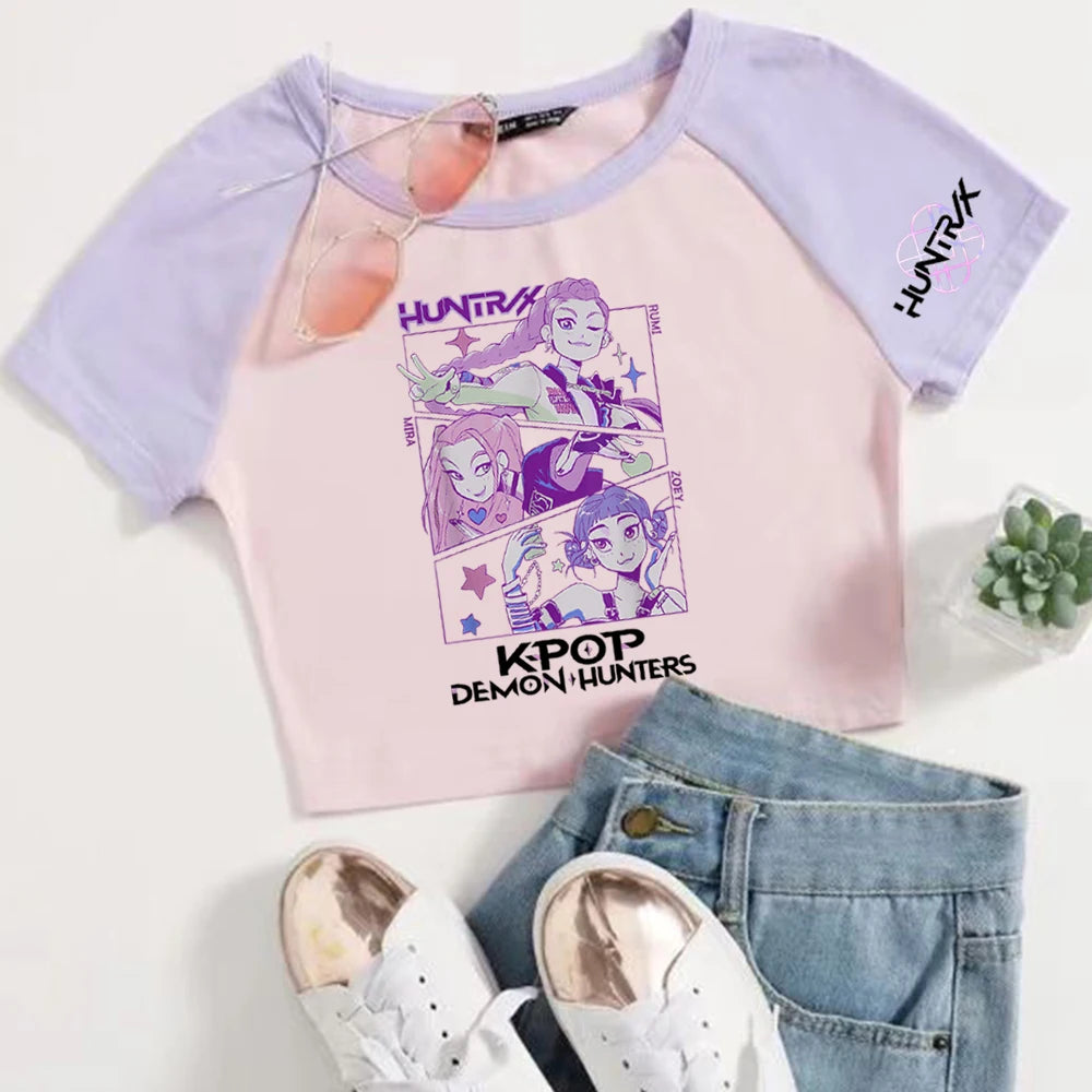 Anime K-Pop Demon Hunters Crop Tops T-Shirt Girls Fashion Women O-Neck Short Sleeve Fans Gift T-shirt