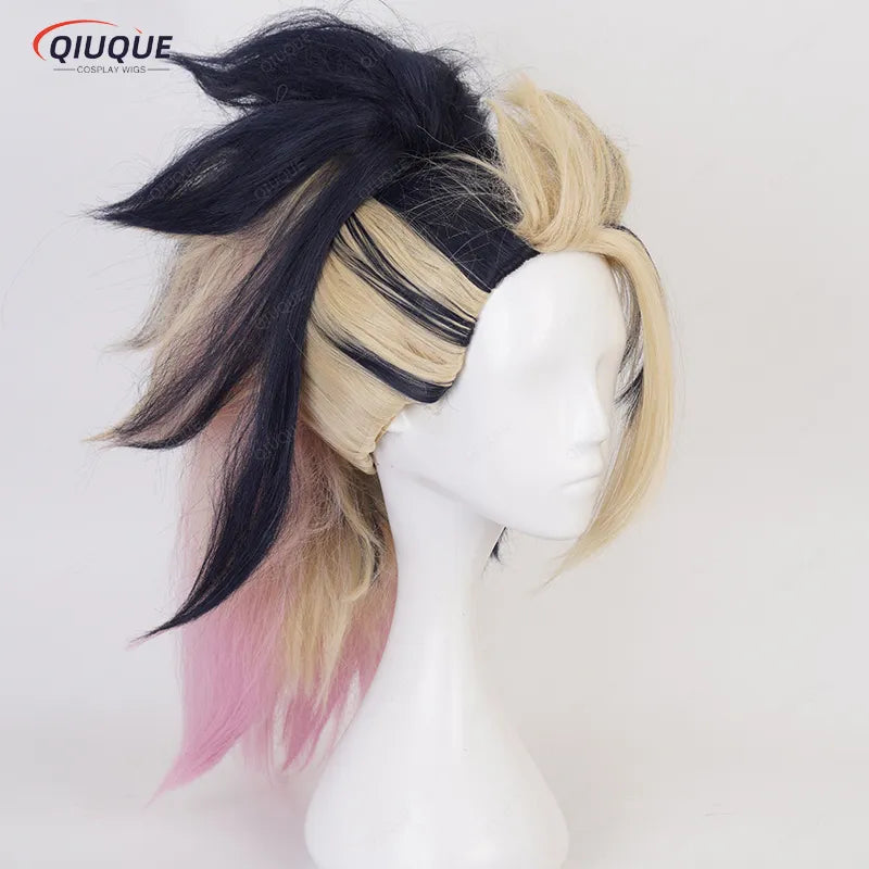 High Quality KDA Akali Mixed Color Ponytail Wig LOL Akali Heat Resistant Synthetic Hair Halloween Party Wigs + Free Wig Cap