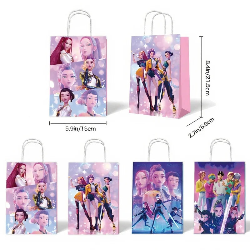 12pcs Kpop Demon Hunters Birthday Party Gift Bag Candy Loot Handle Treat Bag Kid Biscuit Package Baby Shower Decoration Supplies