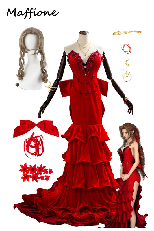 Aerith Gainsborough Cosplay Women Fantasy Sexy Red Dress Anime Game Final Cos Fantasy VII Costume Halloween Disguise Outfits