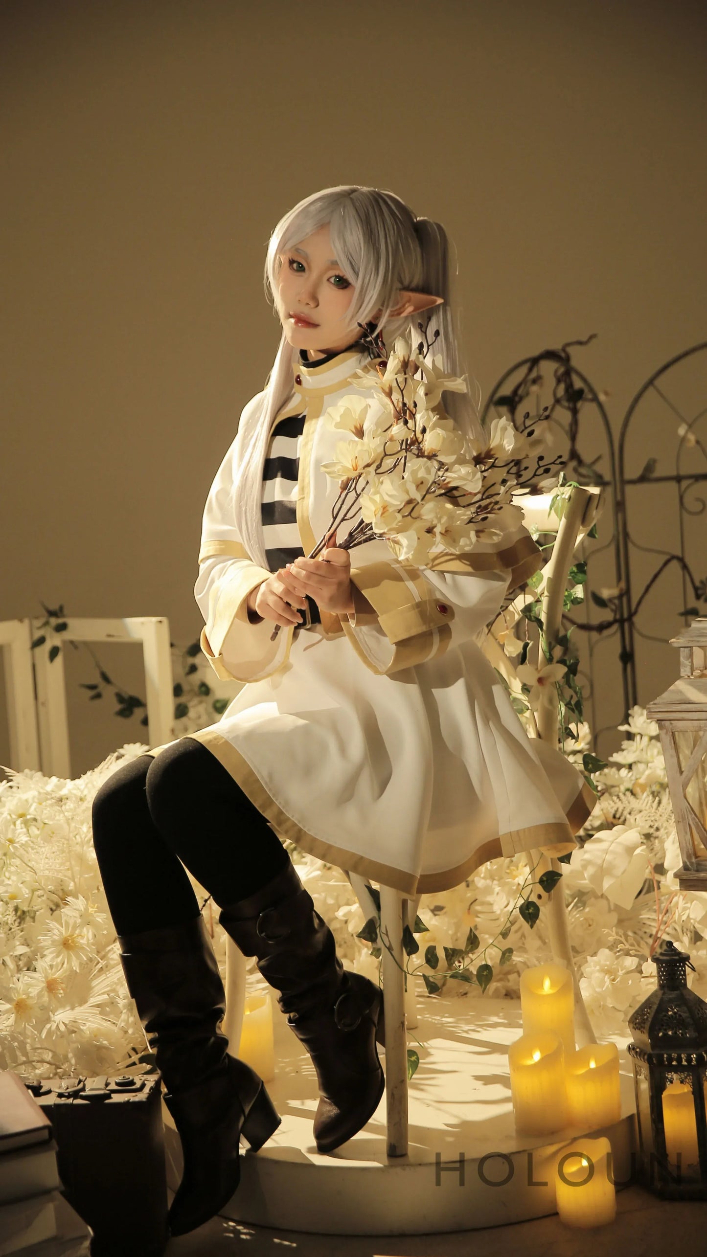 Frieren Beyond Journey's End Anime Frieren Cosplay Costume Shawl Cloak Dress Wig Grey Ponytail Rose Net Christmas