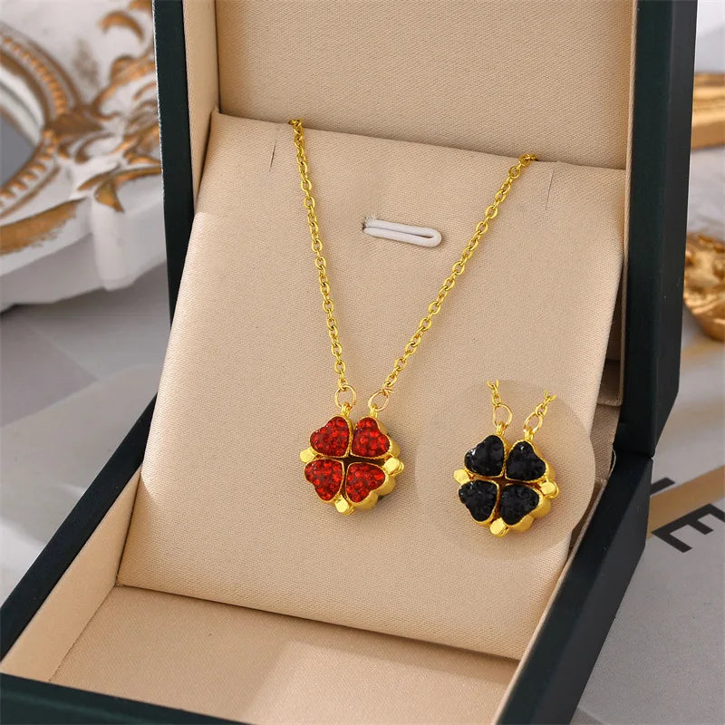 18k Gold Double Sided Black Red Clover Foldable Pendant Necklace for women girls luxury stainless steel chains Necklace Jewelry