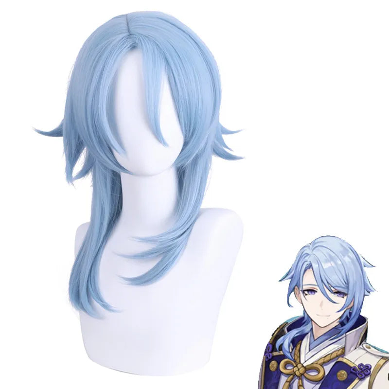 Genshin Impact Ice Blue Wig for Ayato Kamisato Cosplay Wig for Anime Long Fluffy Spiky Heat Resistant Wig for Halloween Party