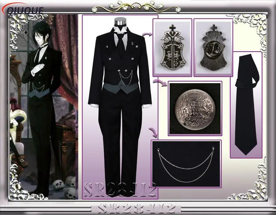 Black Butler Cosplay Japanese Anime Kuroshitsuji Sebastian Michaelis Cosplay Costume Unisex Uniforms 8 piece with Tattoo Sticker