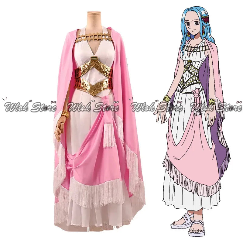 Cosplay de Anime de una pieza, vestidos elegantes de princesa Nefeltari Vivi, capa rosa, disfraces de juego de rol de Halloween, peluca larga, accesorios para el cabello azul