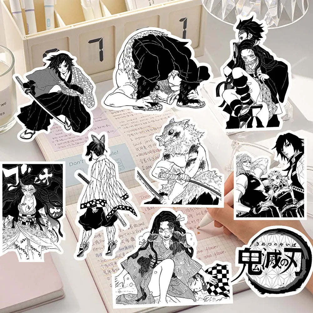 10/30/65PCS Black White Demon Slayer Anime Stickers Decoration Suitcase Scrapbooking Laptop Phone Stationery Japan Manga Kid Toy