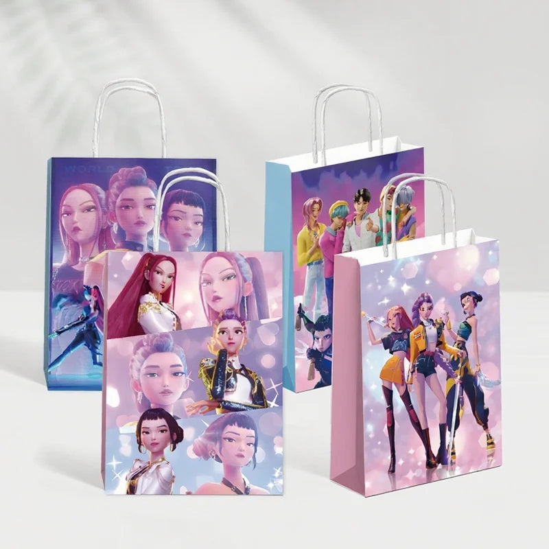 12pcs Kpop Demon Hunters Birthday Party Gift Bag Candy Loot Handle Treat Bag Kid Biscuit Package Baby Shower Decoration Supplies