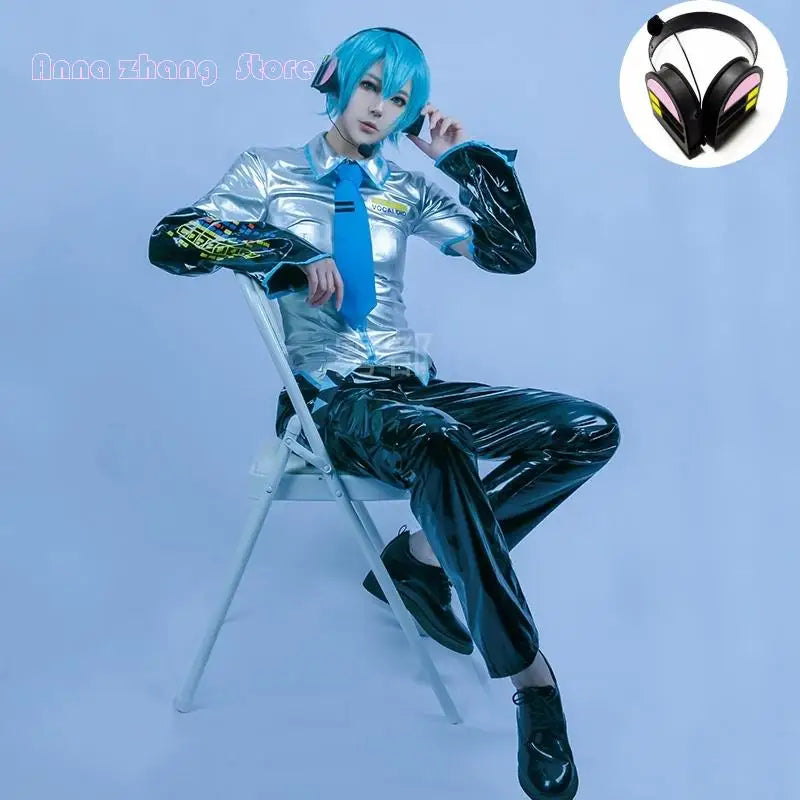 Cosplay VOCALOID MiKUU Male Cosplay Costume VOCALOID Cos Male Cosplay Patent Leather Costume + Earphone + Wig + Shoe Gift prop