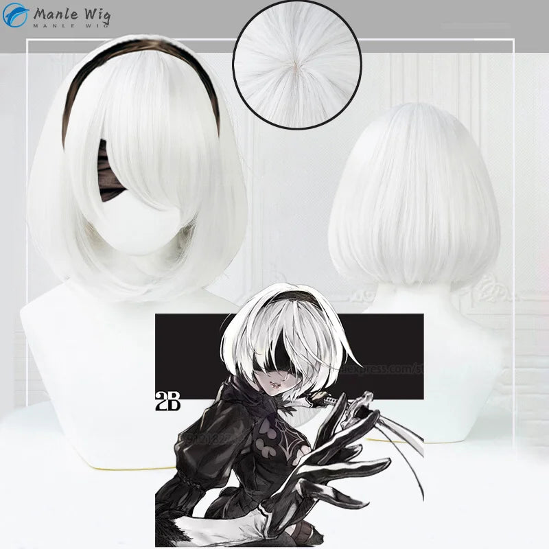 Game NieR:Automata 2B Wigs YoRHa No. 2 Type B Cosplay Wig 33cm Short Whirt BoBo Heat Resistant Halloween Wigs + Free Wig Cap