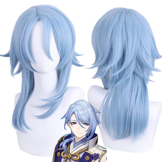 Genshin Impact Ice Blue Wig for Ayato Kamisato Cosplay Wig for Anime Long Fluffy Spiky Heat Resistant Wig for Halloween Party