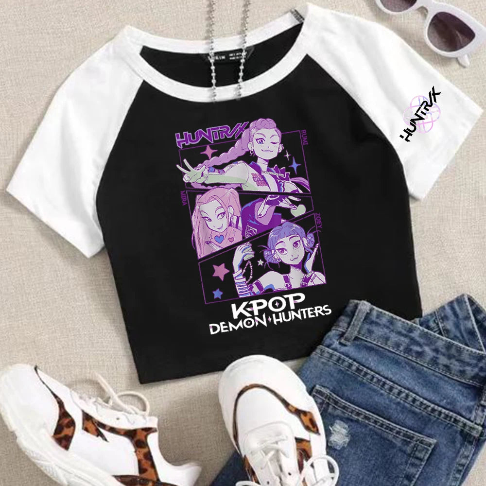 Anime K-Pop Demon Hunters Crop Tops T-Shirt Girls Fashion Women O-Neck Short Sleeve Fans Gift T-shirt