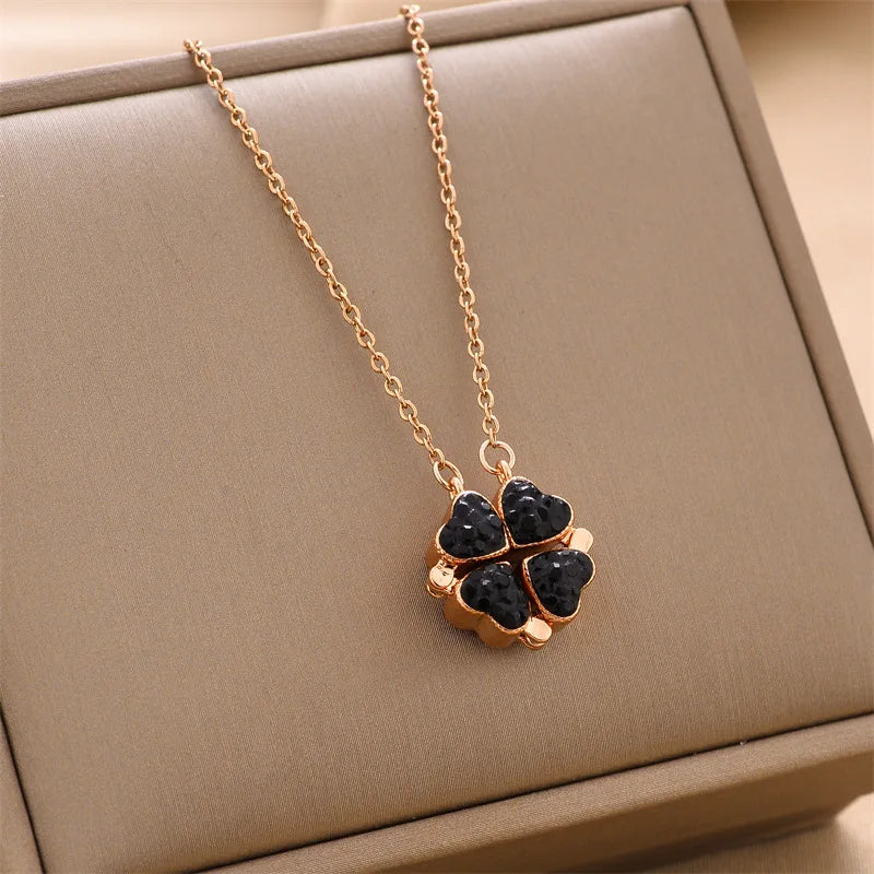 18k Gold Double Sided Black Red Clover Foldable Pendant Necklace for women girls luxury stainless steel chains Necklace Jewelry